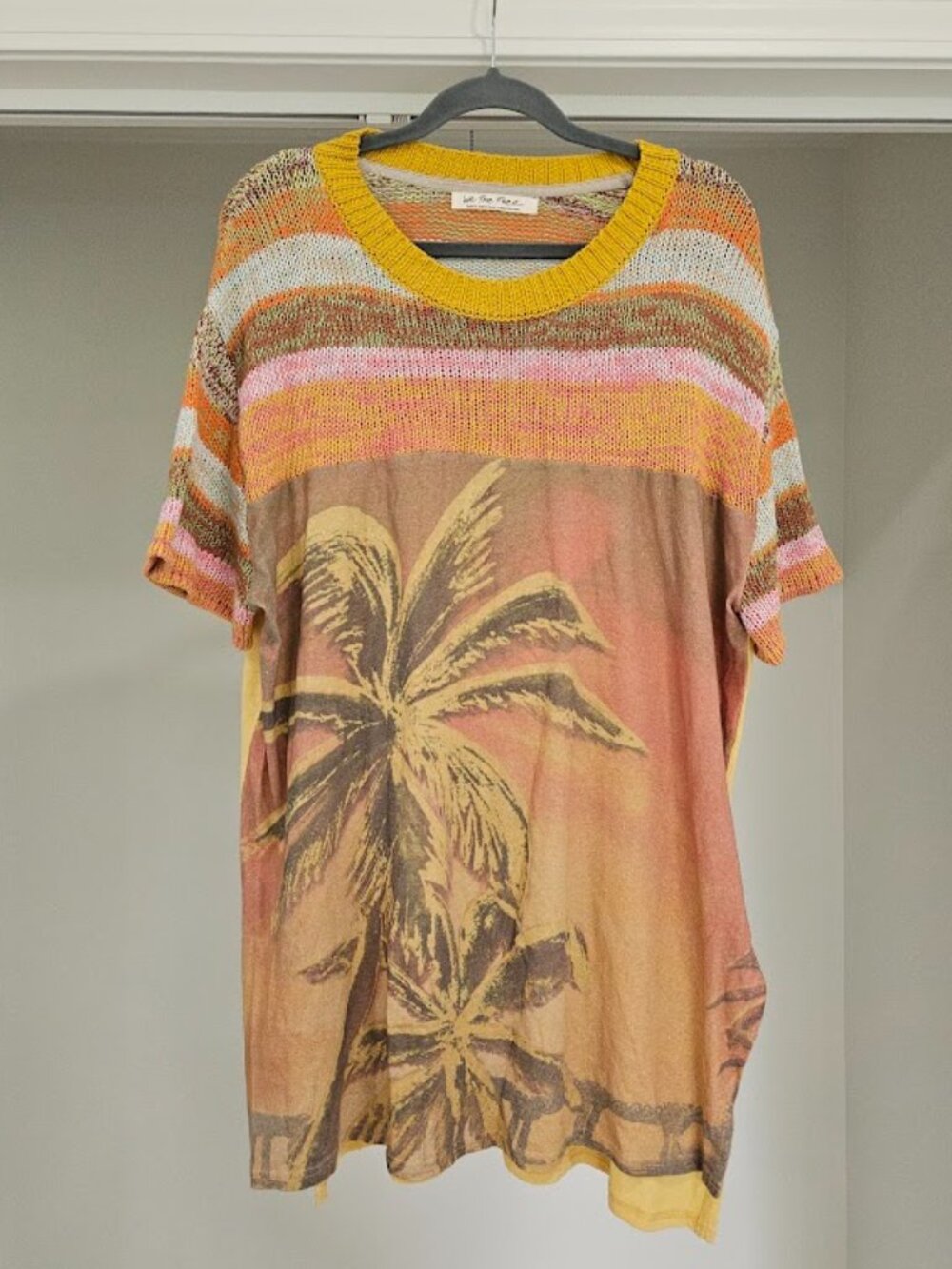 Free people colorful rainbow sunset knit Ibiza Palm Tree Tee Shirt Top Large